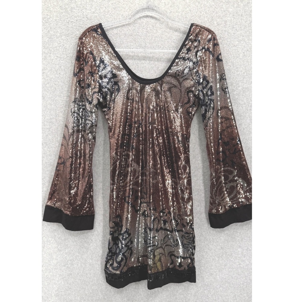 Hale Bob Sequin Dress Women Medium Bronze Black Bell Sleeve Mini Party GSNF6707